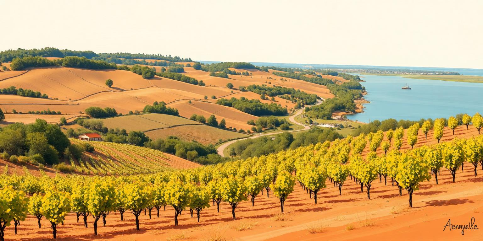Illustration of rolling orchard and vineyard hills outside Fennville, with the lake beyond