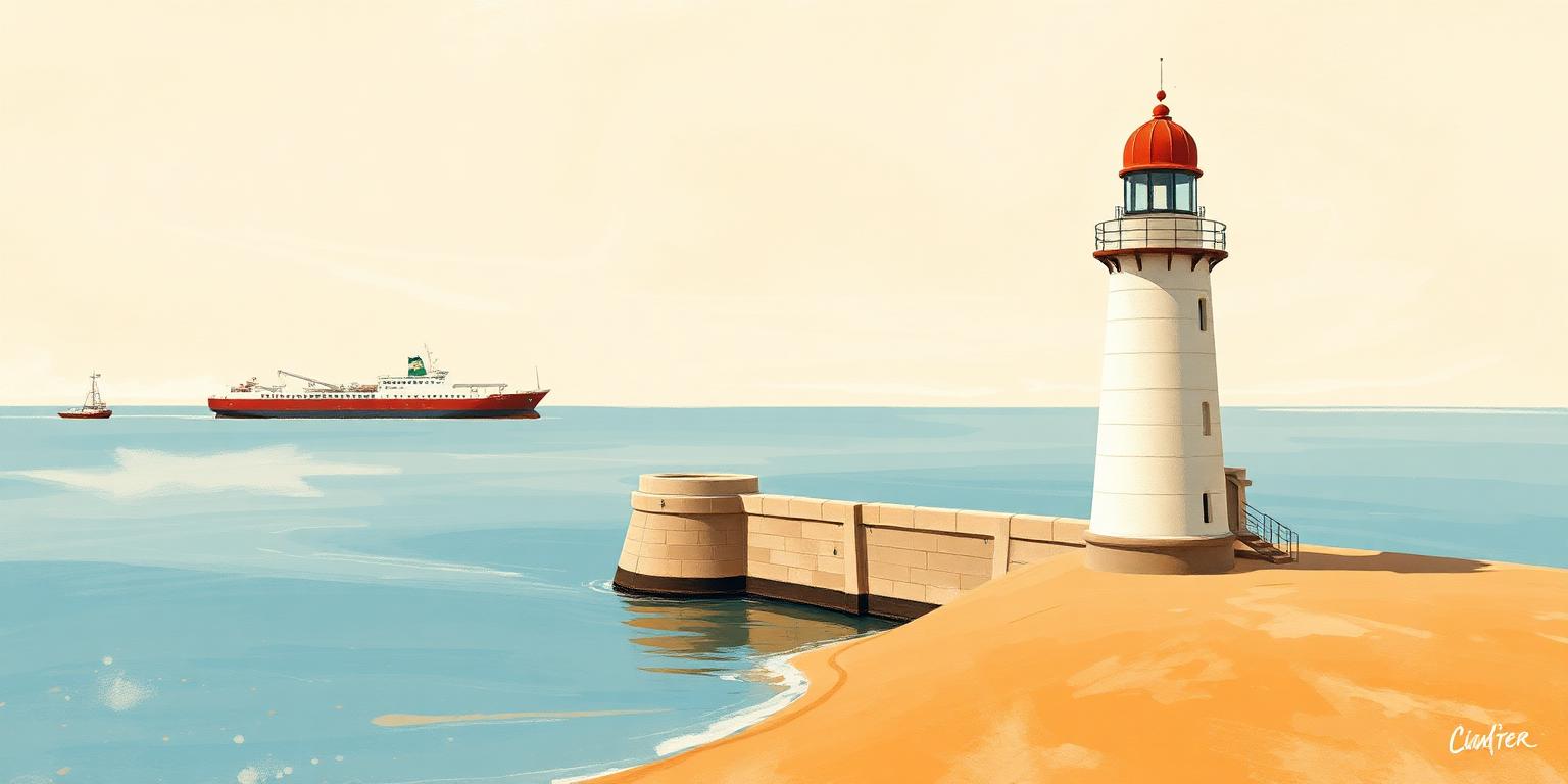 Illustration of Ludington's lighthouse and the car ferry on Lake Michigan