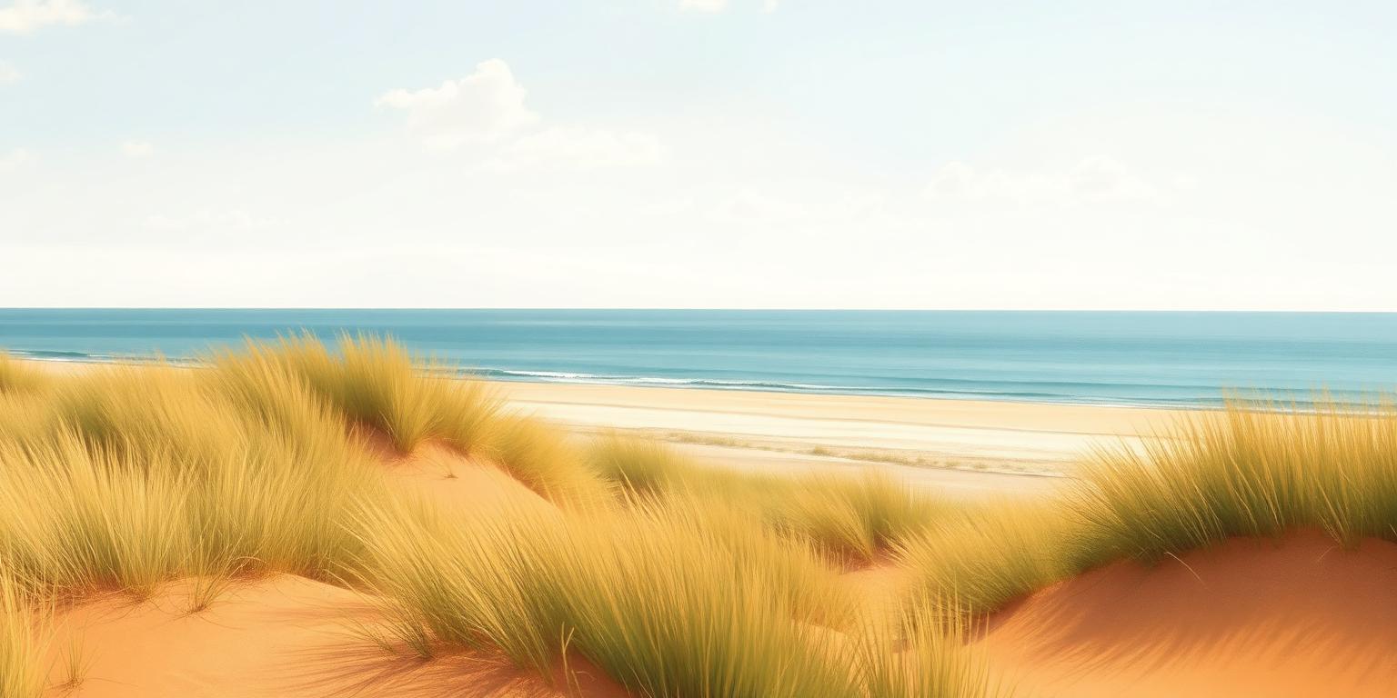 Illustration of dune grass above a quiet Lake Michigan beach in Norton Shores