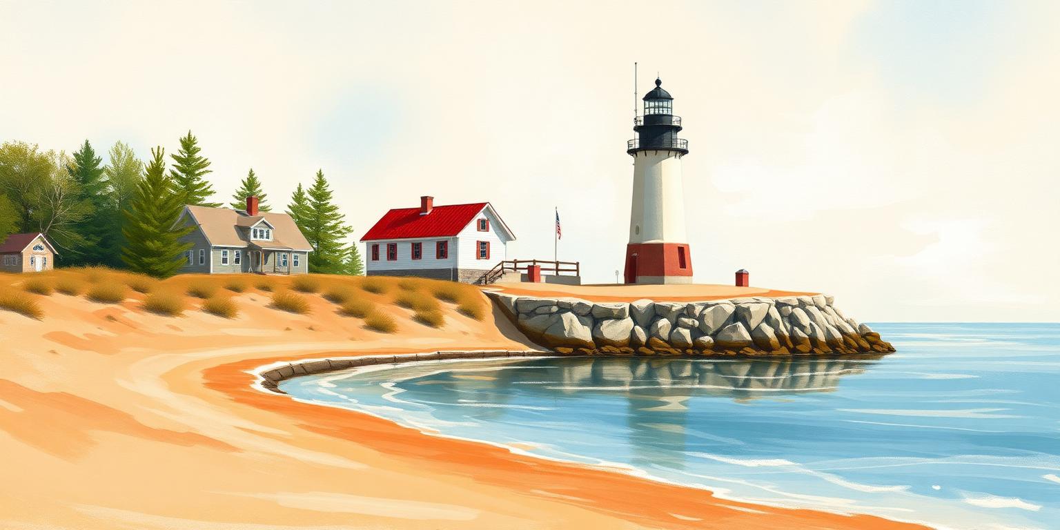 Illustration of the White River Light Station and keeper's houses on the channel near Whitehall