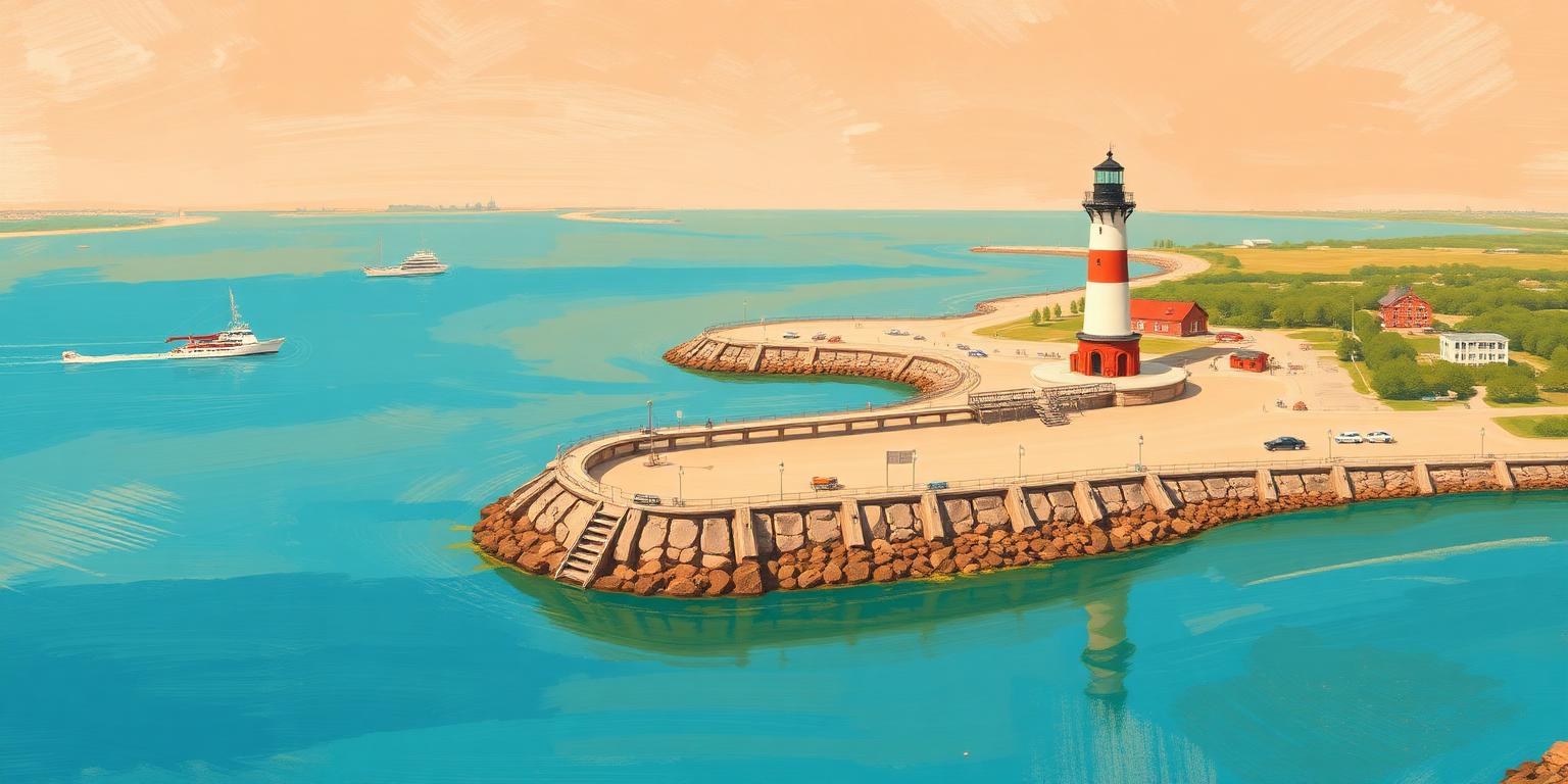 Illustration of Muskegon's red-and-white pierhead lighthouse on its curving breakwater