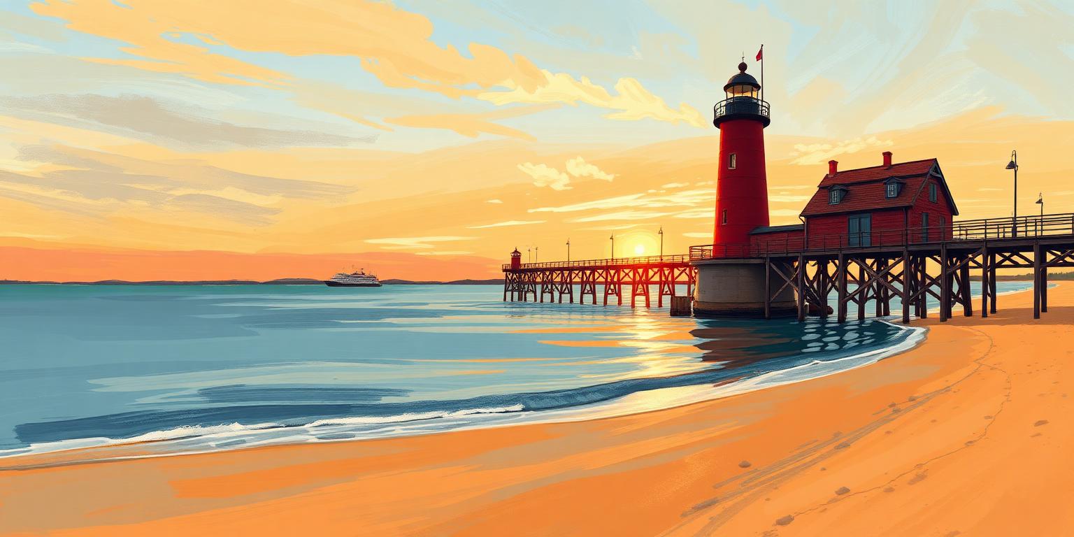 Illustration of South Haven's red pierhead lighthouse and pier at sunset