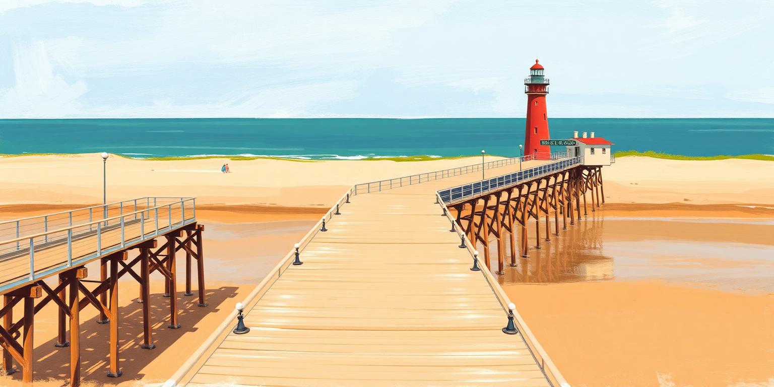 Illustration of the Grand Haven boardwalk and pier leading to the red lighthouse
