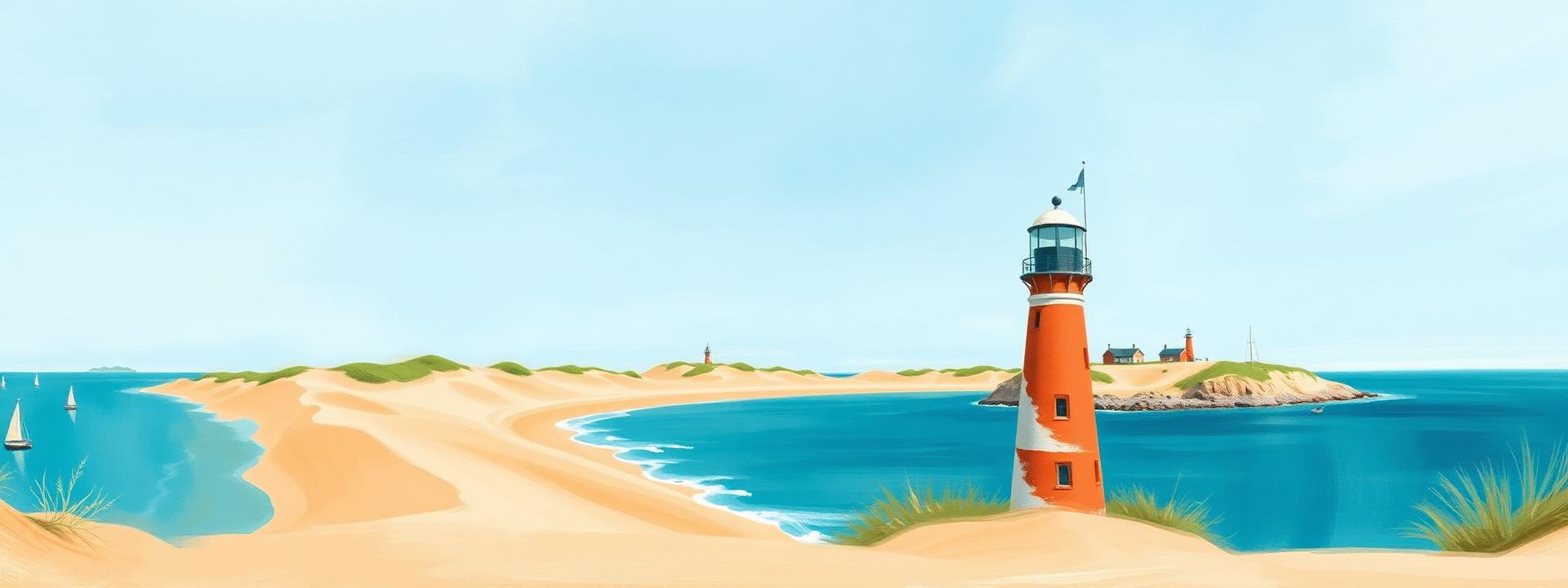 Panoramic illustration of the Lake Michigan shoreline: dunes, beach, sailboats, and a lighthouse