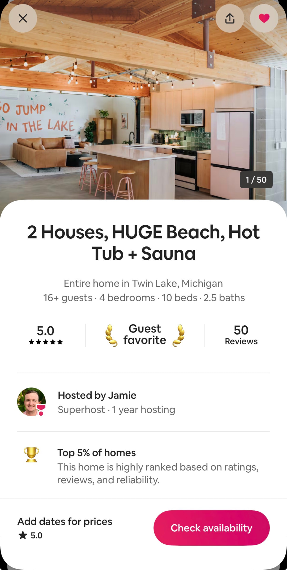 Screenshot of the MCM Lake House Airbnb listing showing a 5.0 guest rating across 50 reviews, a Guest favorite badge, and a Top 5% of homes ranking