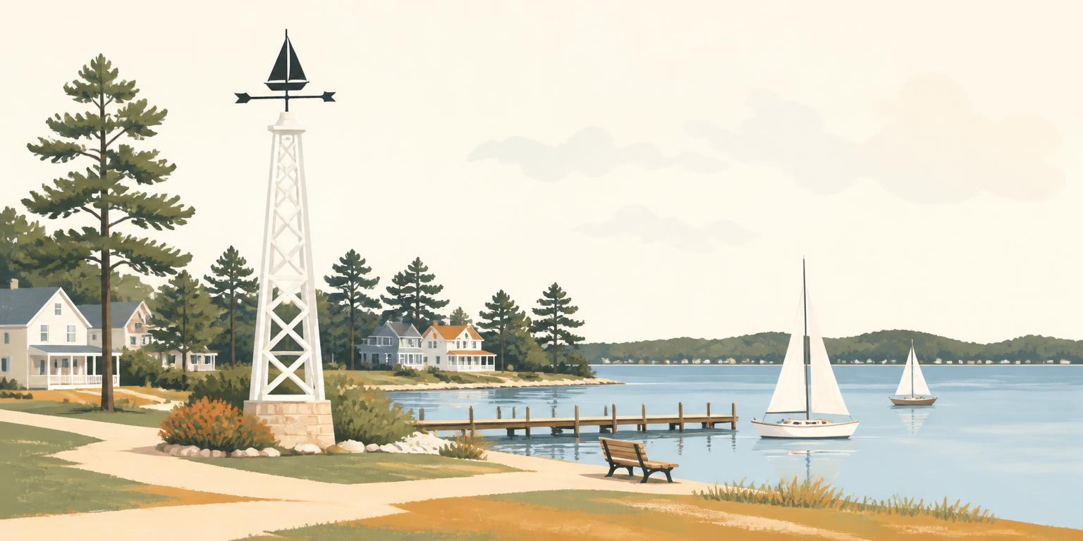 Illustration of Montague's giant weathervane tower on the White Lake shore, with sailboats