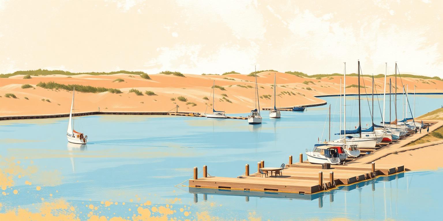 Illustration of sailboats moored in Saugatuck's harbor with golden dunes behind