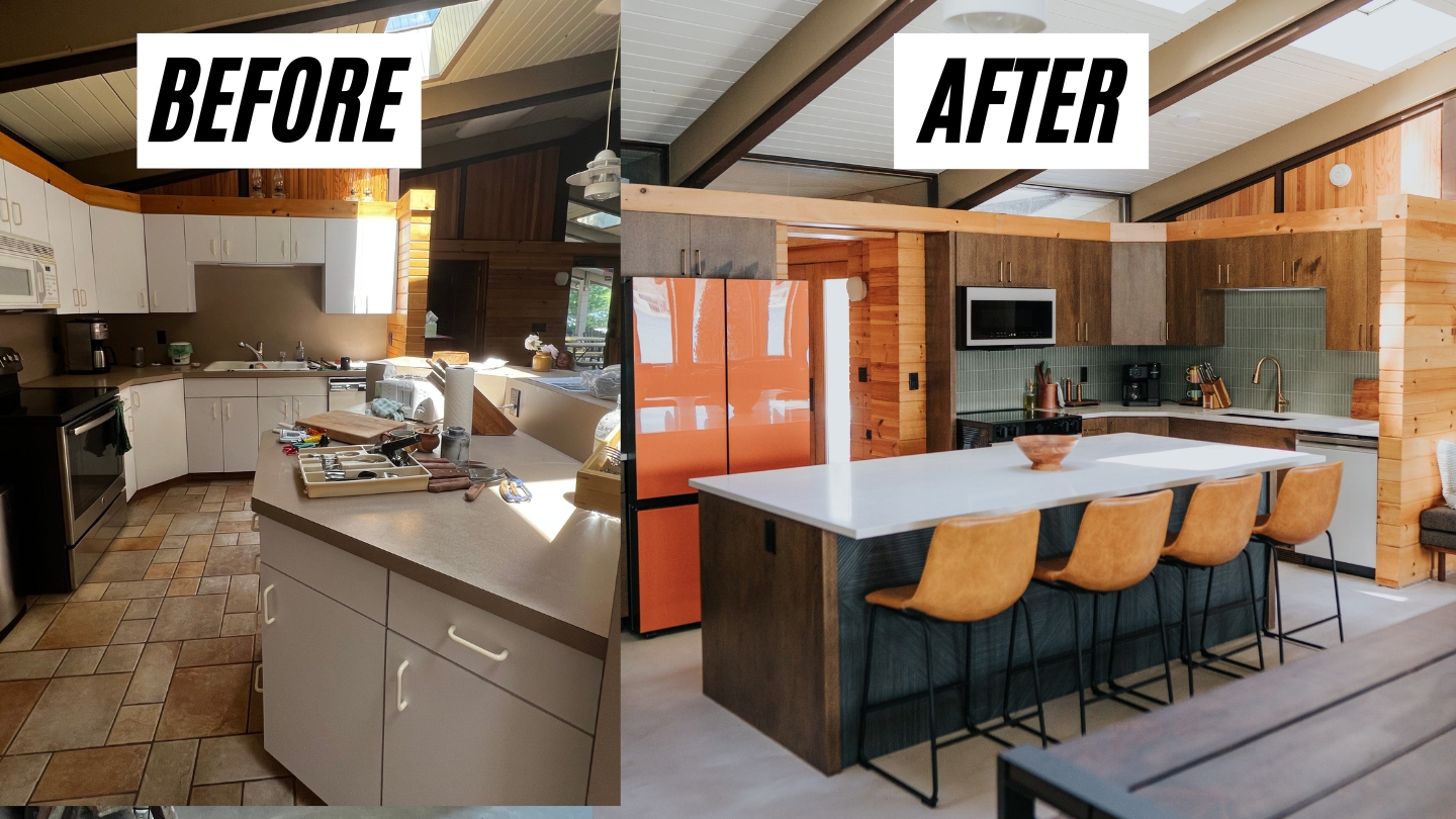 Before and after of a dated kitchen renovated into a mid-century modern kitchen with walnut cabinetry, an orange refrigerator, and leather counter stools
