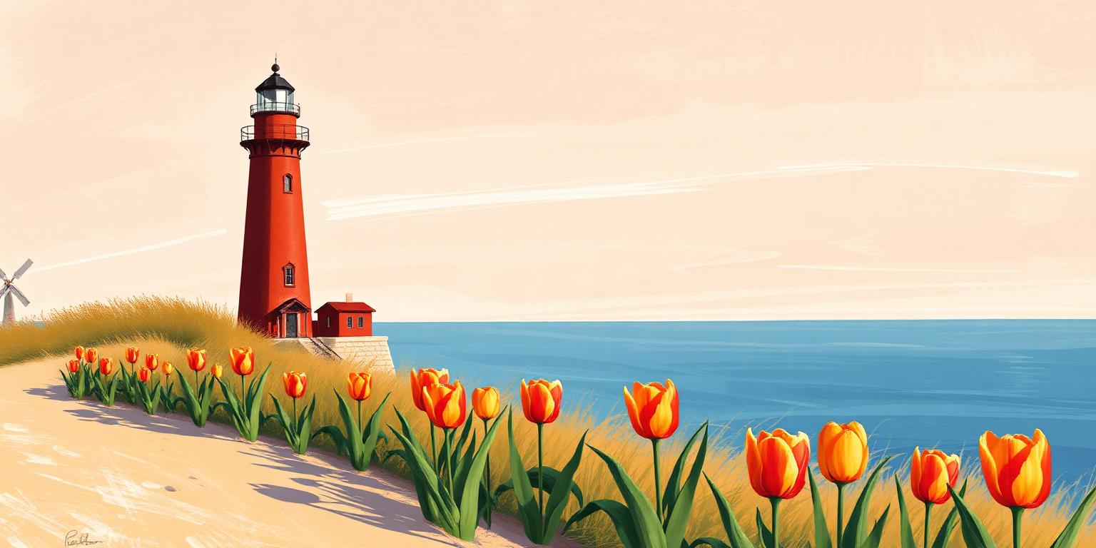 Illustration of Holland's Big Red lighthouse above dunes and rows of orange tulips on the Lake Michigan shore