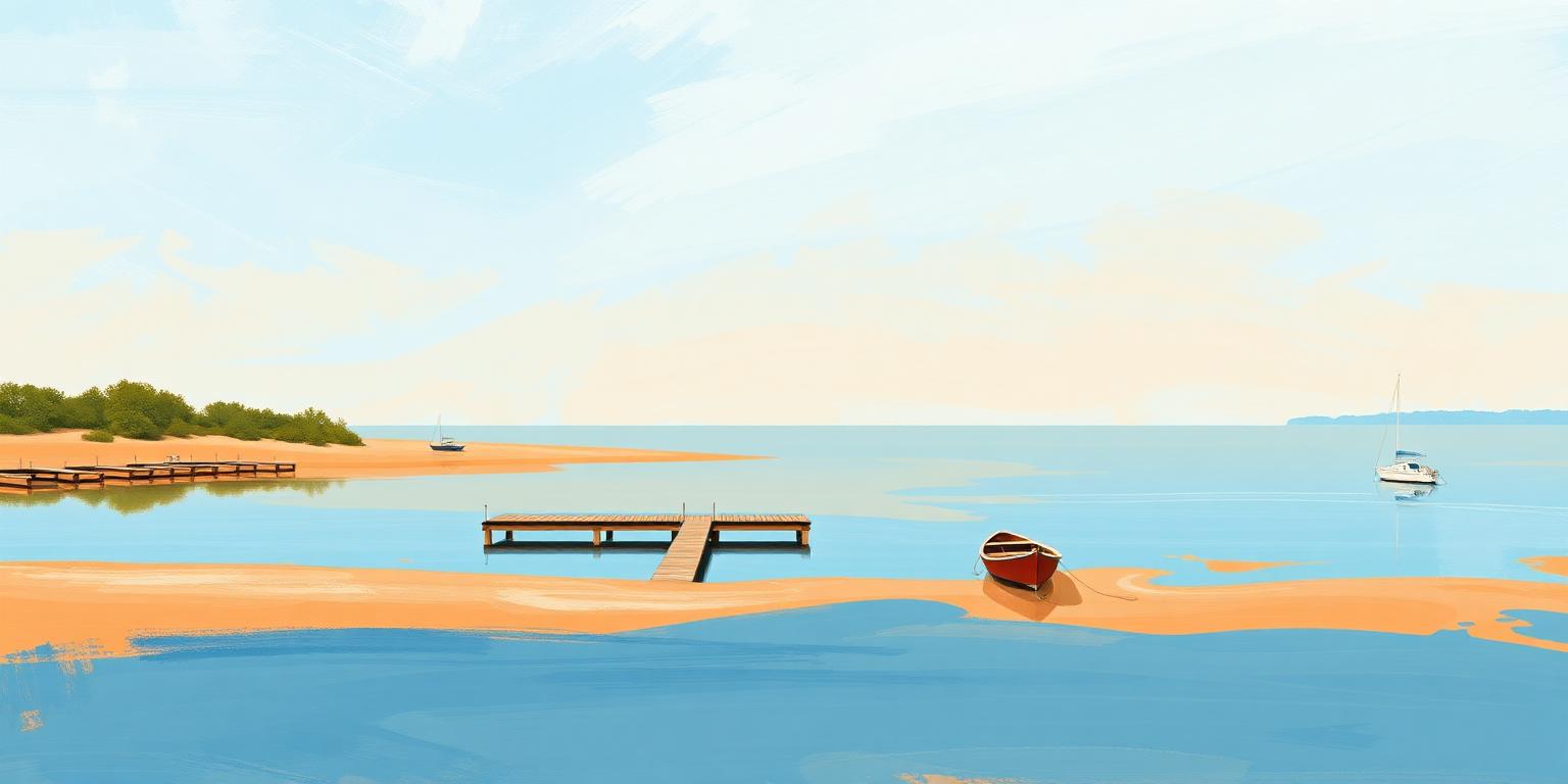 Illustration of calm water, wooden docks, and a red rowboat on Spring Lake