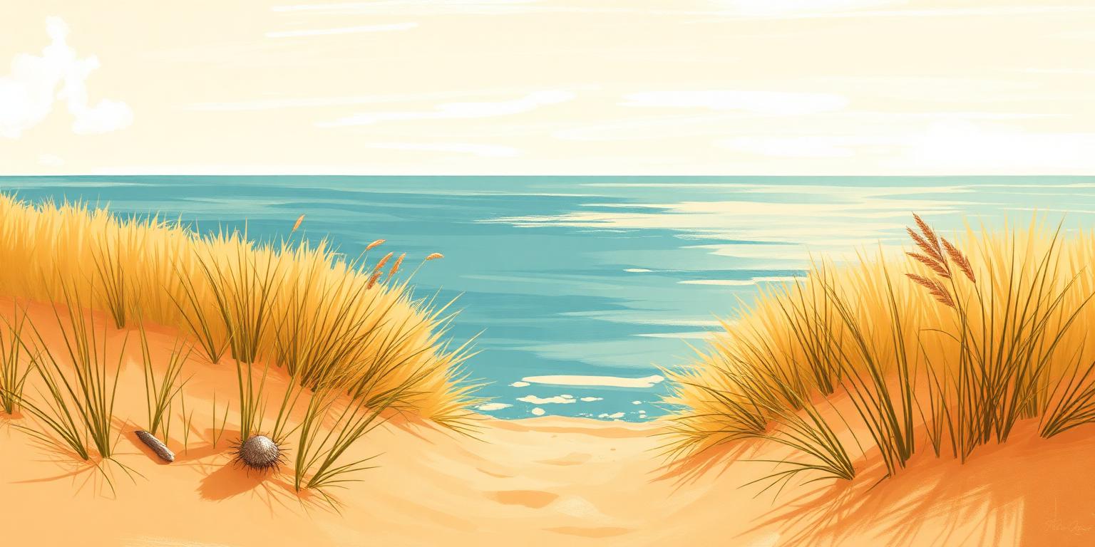Illustration of a dune-grass path opening onto the Lake Michigan beach at Pentwater