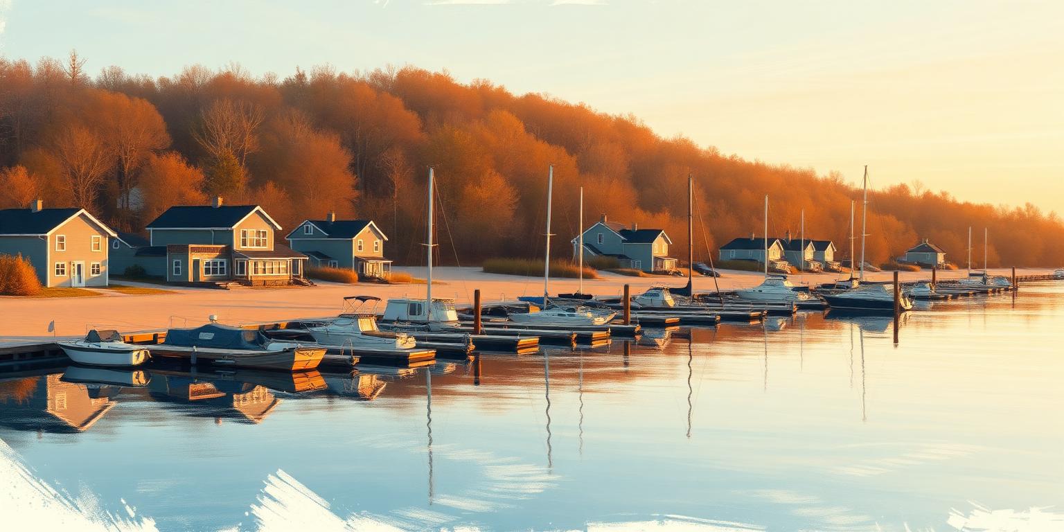 Illustration of a quiet Douglas harbor at golden hour, with sailboats and waterfront cottages