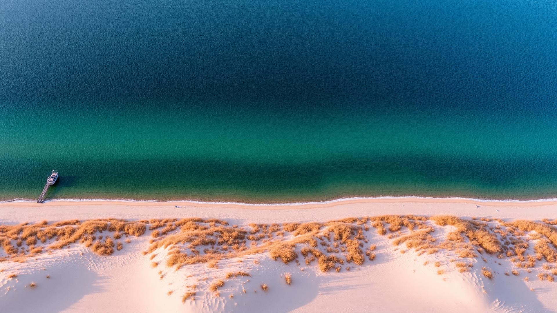 Aerial view of the Lake Michigan shoreline, with sandy dunes and turquoise water