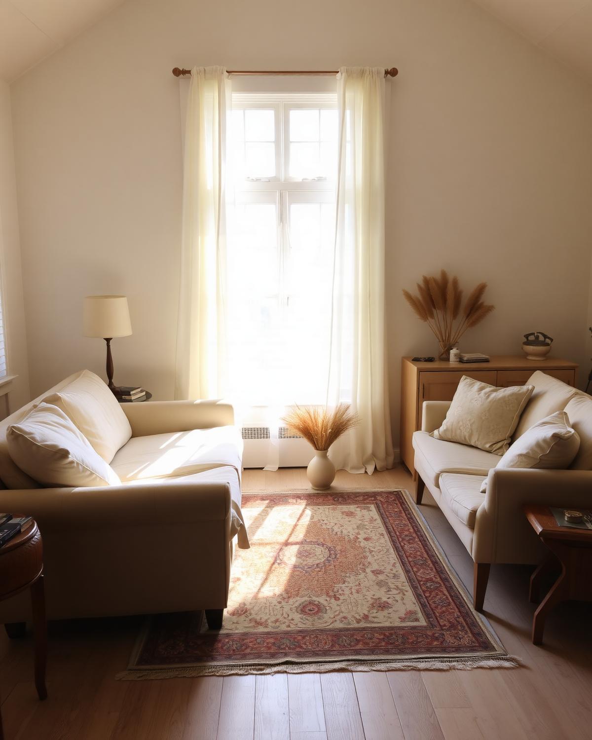 A sunlit, styled living room in a Michigan lakeshore cottage with a linen sofa and vintage rug