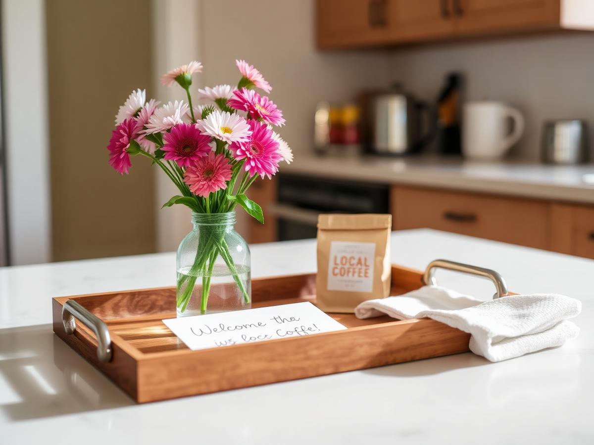 A welcome tray in a vacation rental kitchen with fresh flowers, local coffee, and a handwritten note