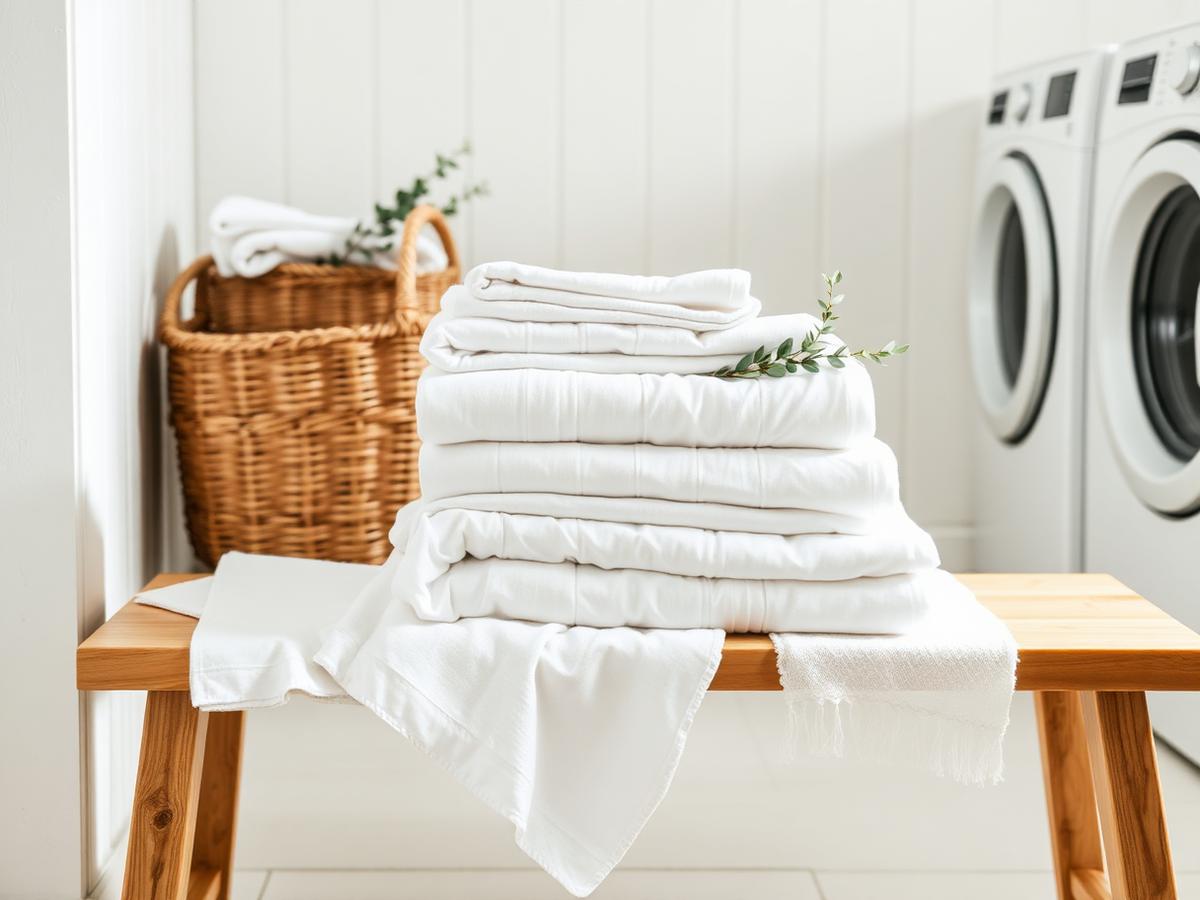 A stack of crisp white linens and folded towels on a wooden bench in a bright laundry room