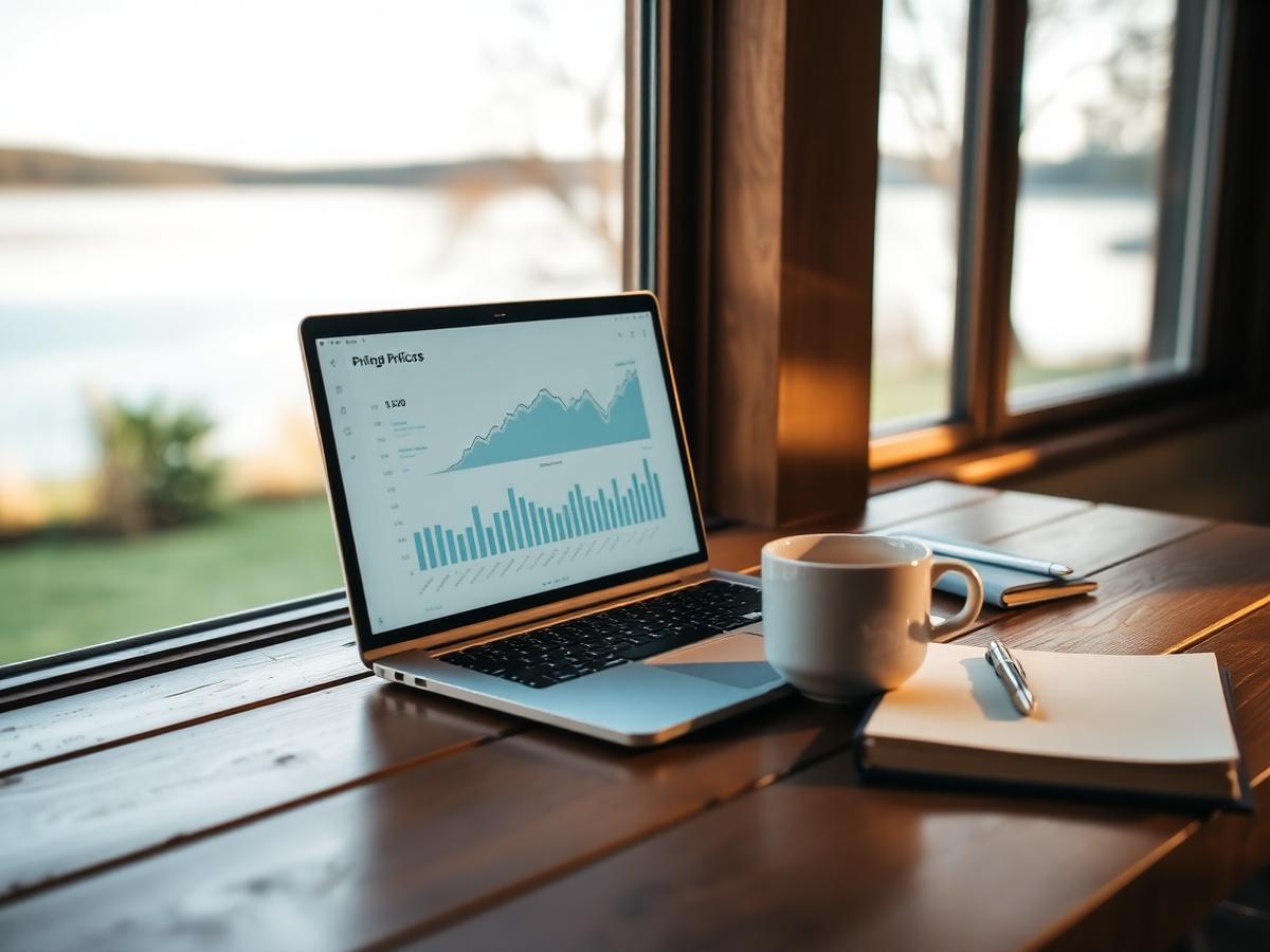A laptop showing a pricing chart on a wooden desk beside a window overlooking a lake